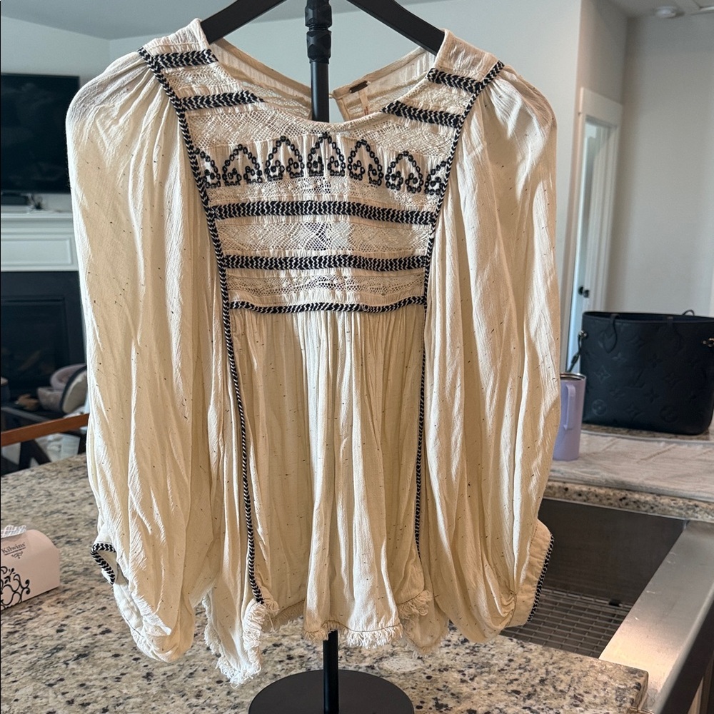 Free People Cream Peasant Blouse with Black Embroidery